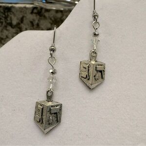 “Dreidel” Drop Earrings in Silver Faceted Crystal Accents